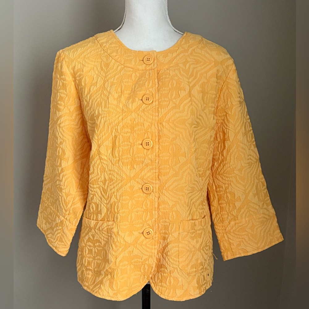 Coldwater Creek Jacket Bright Yellow Embossed Textured Collarless Blazer Sz 16